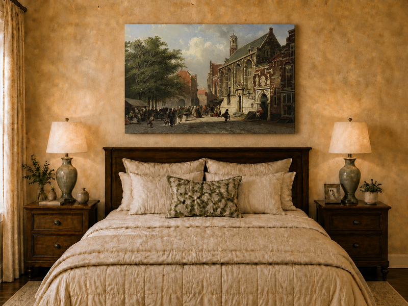 Landscape Oil Painting - Busy Street with Historic Buildings
