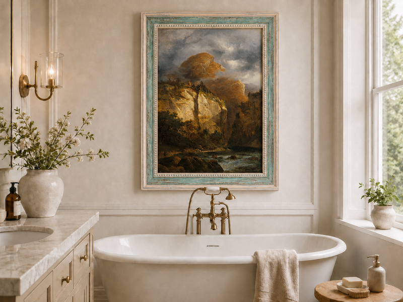 Landscape Oil Painting - Dramatic Mountain Cliffs & River Valley