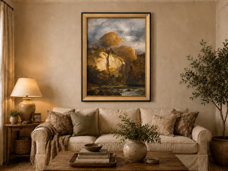 Landscape Oil Painting - Dramatic Mountain Cliffs & River Valley