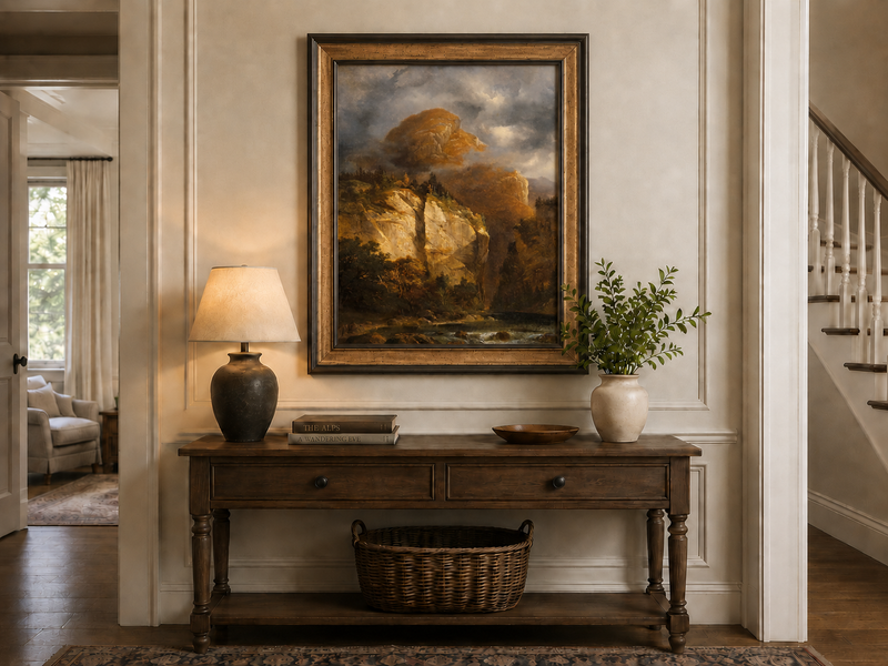 Landscape Oil Painting - Dramatic Mountain Cliffs & River Valley