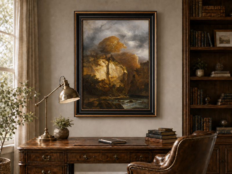 Landscape Oil Painting - Dramatic Mountain Cliffs & River Valley