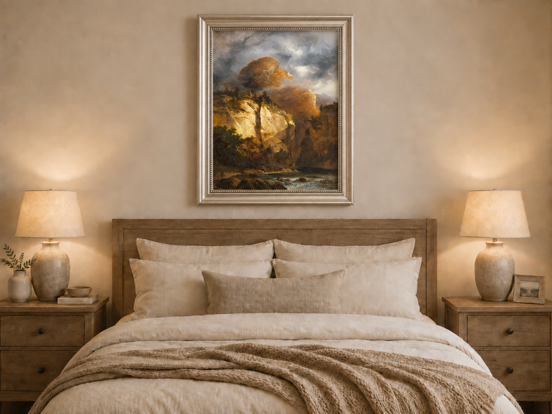 Landscape Oil Painting - Dramatic Mountain Cliffs & River Valley
