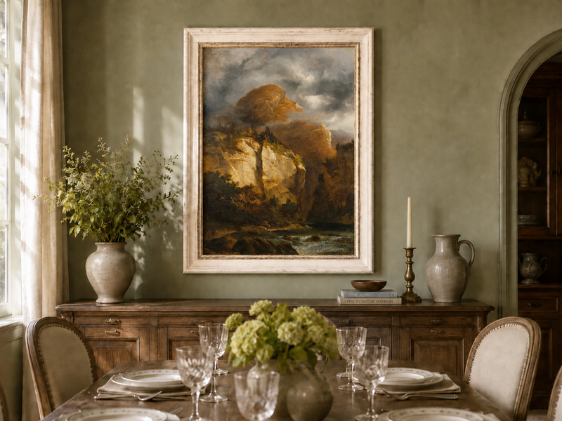 Landscape Oil Painting - Dramatic Mountain Cliffs & River Valley