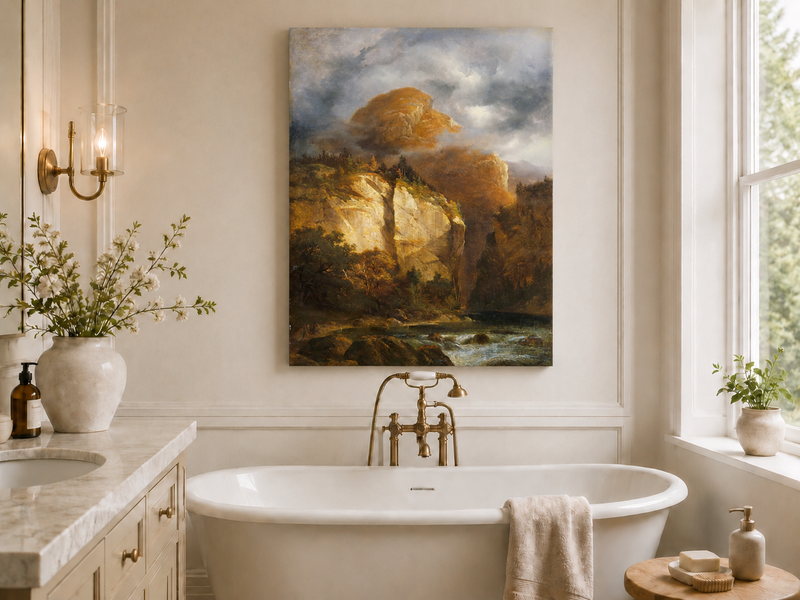 Landscape Oil Painting - Dramatic Mountain Cliffs & River Valley