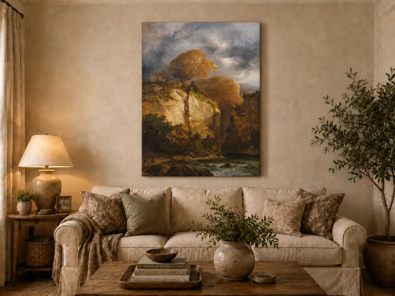Landscape Oil Painting - Dramatic Mountain Cliffs & River Valley