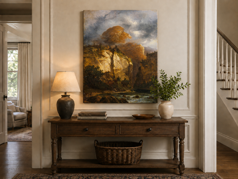 Landscape Oil Painting - Dramatic Mountain Cliffs & River Valley
