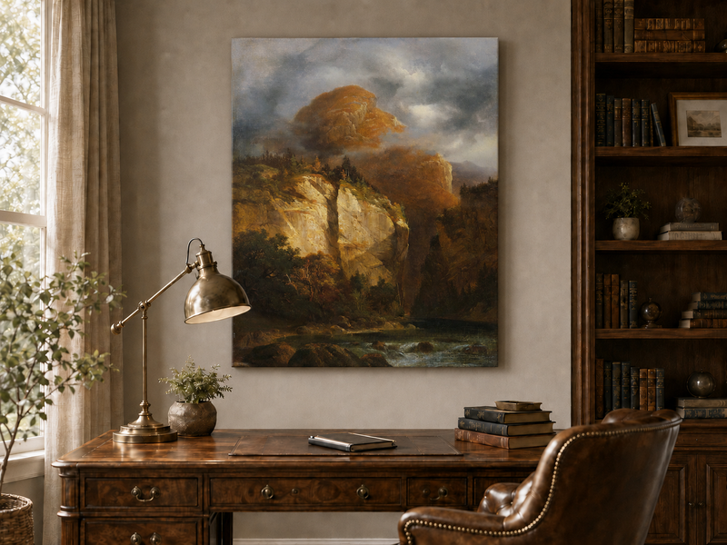 Landscape Oil Painting - Dramatic Mountain Cliffs & River Valley