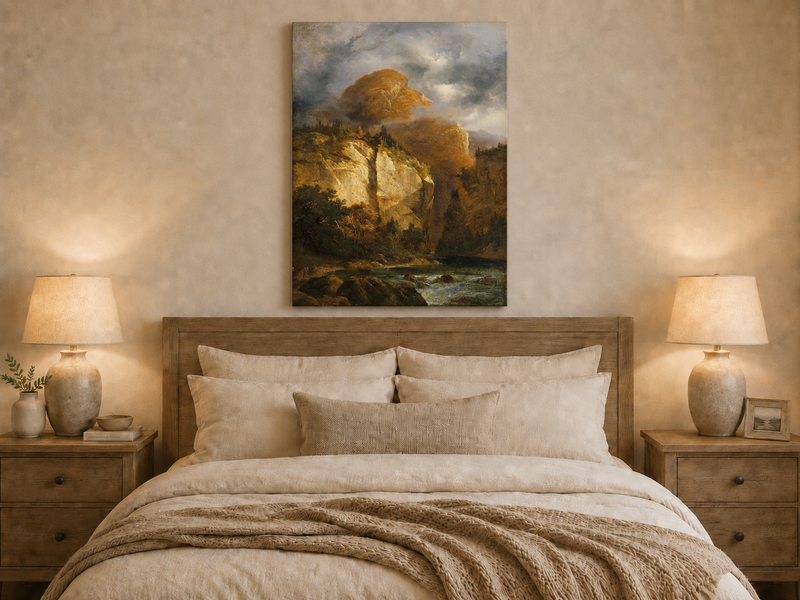 Landscape Oil Painting - Dramatic Mountain Cliffs & River Valley