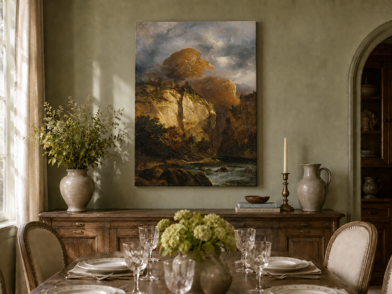 Landscape Oil Painting - Dramatic Mountain Cliffs & River Valley