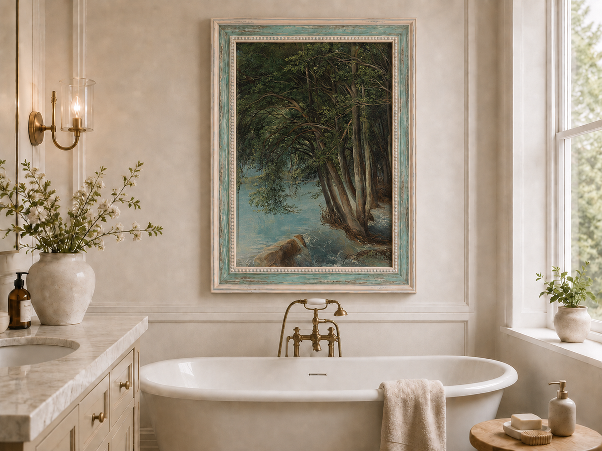 Peinture à l'huile de paysage - Forêt sereine au bord d'une rivière, arbres luxuriants