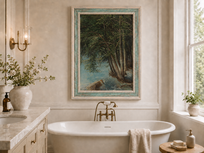 Peinture à l'huile de paysage - Forêt sereine au bord d'une rivière, arbres luxuriants