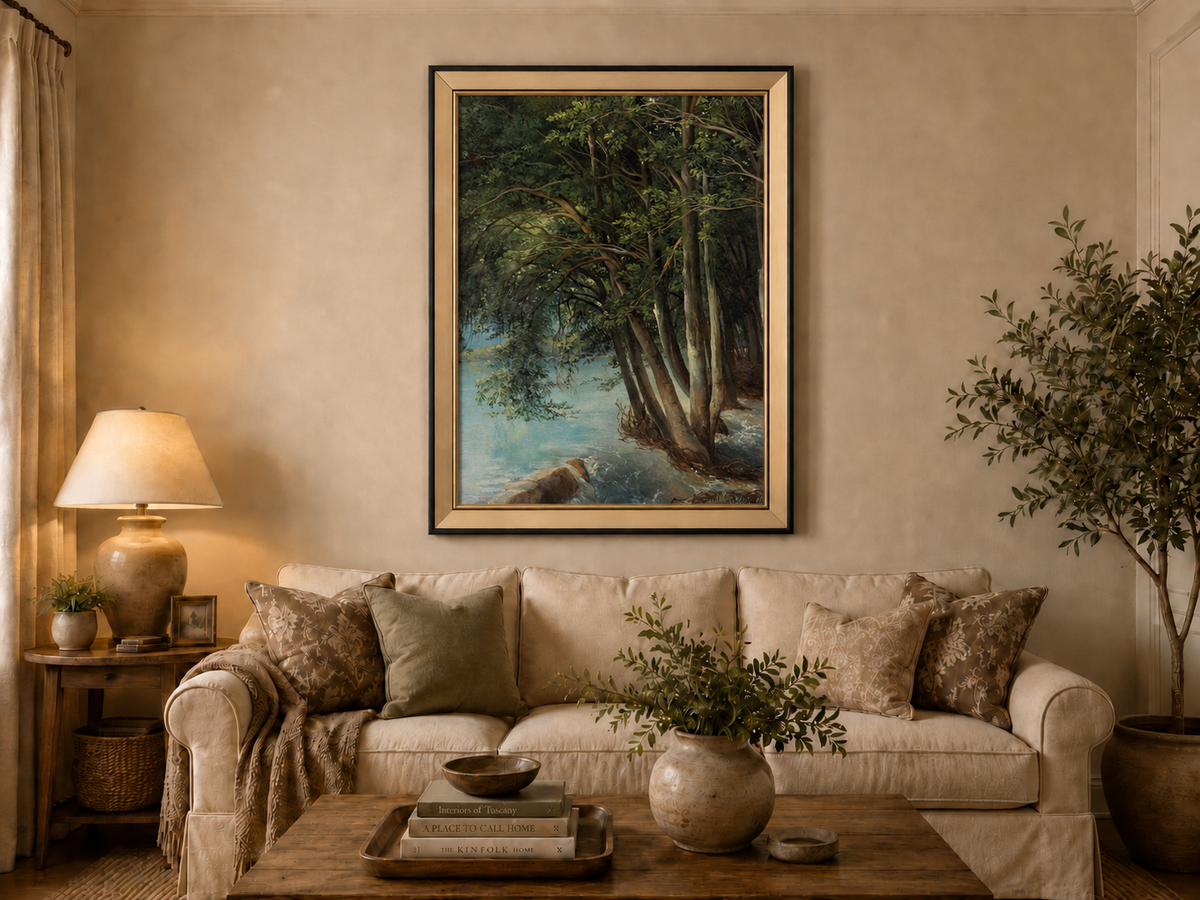 Peinture à l'huile de paysage - Forêt sereine au bord d'une rivière, arbres luxuriants