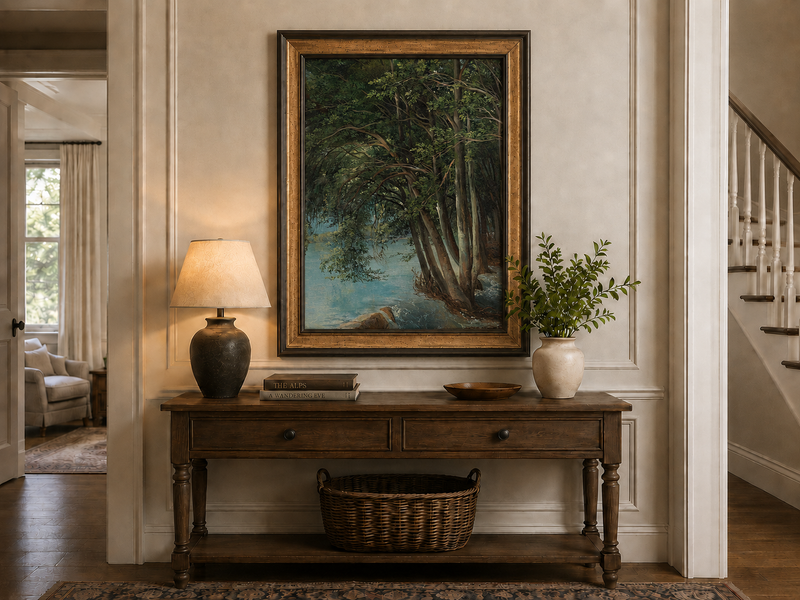 Peinture à l'huile de paysage - Forêt sereine au bord d'une rivière, arbres luxuriants