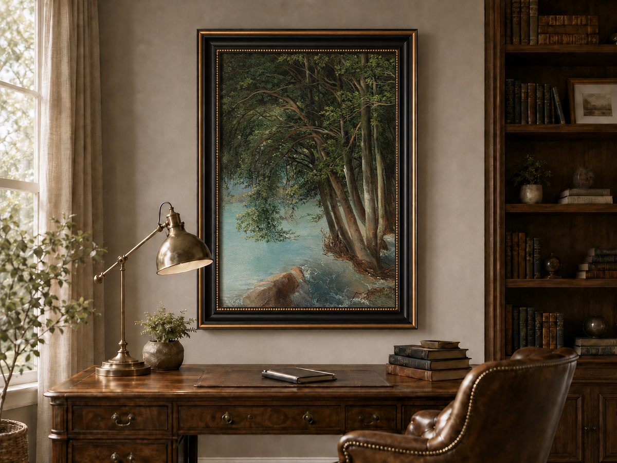 Peinture à l'huile de paysage - Forêt sereine au bord d'une rivière, arbres luxuriants