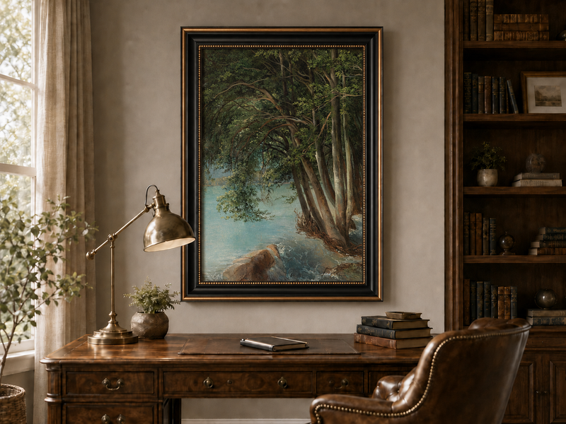 Peinture à l'huile de paysage - Forêt sereine au bord d'une rivière, arbres luxuriants
