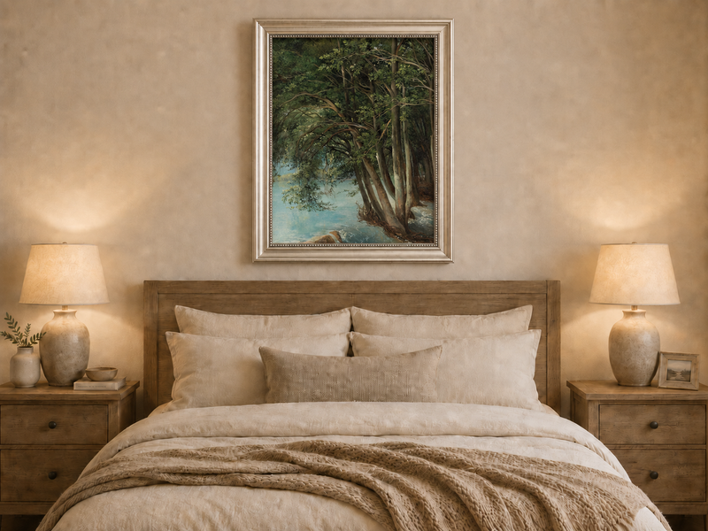 Peinture à l'huile de paysage - Forêt sereine au bord d'une rivière, arbres luxuriants