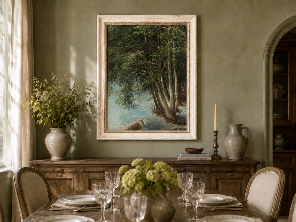 Peinture à l'huile de paysage - Forêt sereine au bord d'une rivière, arbres luxuriants