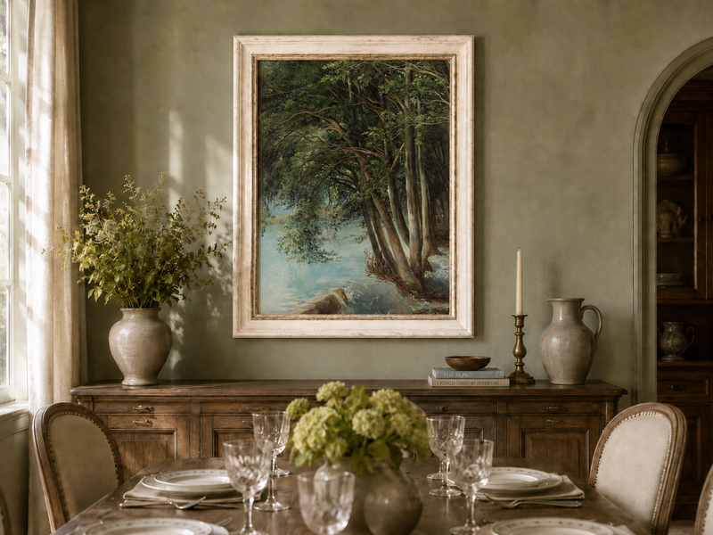 Peinture à l'huile de paysage - Forêt sereine au bord d'une rivière, arbres luxuriants
