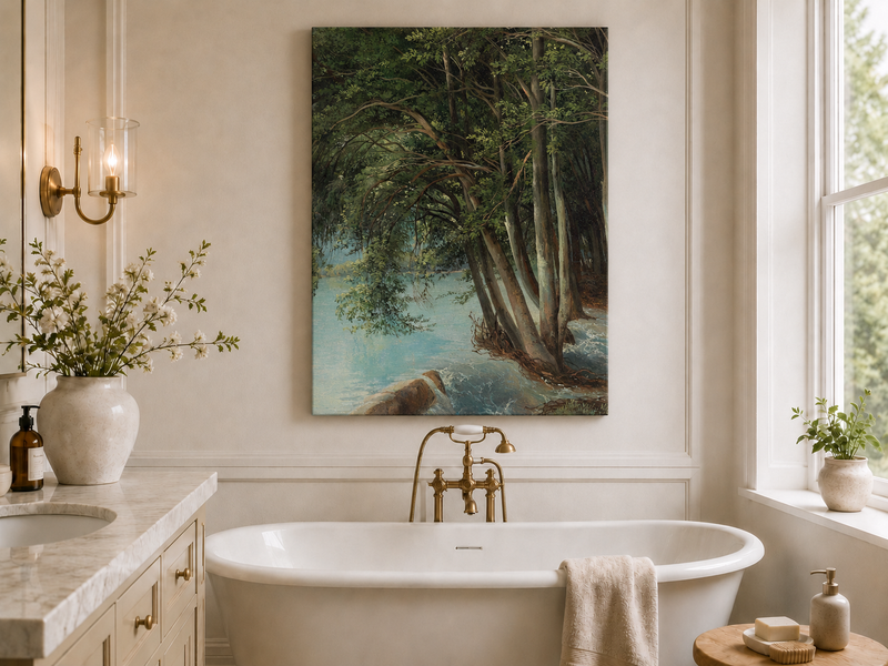 Peinture à l'huile de paysage - Forêt sereine au bord d'une rivière, arbres luxuriants