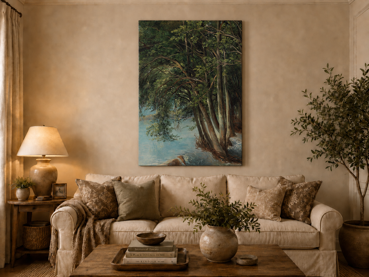 Peinture à l'huile de paysage - Forêt sereine au bord d'une rivière, arbres luxuriants