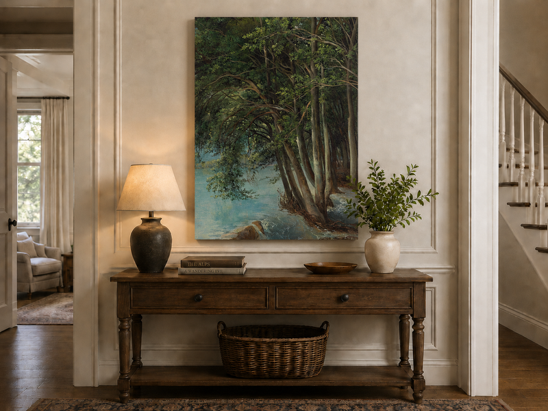Peinture à l'huile de paysage - Forêt sereine au bord d'une rivière, arbres luxuriants