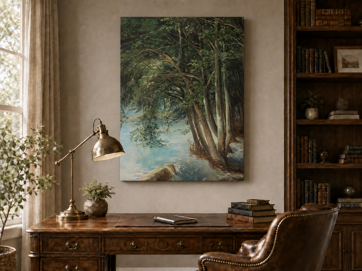 Peinture à l'huile de paysage - Forêt sereine au bord d'une rivière, arbres luxuriants