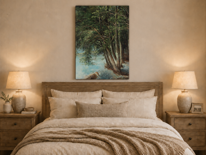 Peinture à l'huile de paysage - Forêt sereine au bord d'une rivière, arbres luxuriants