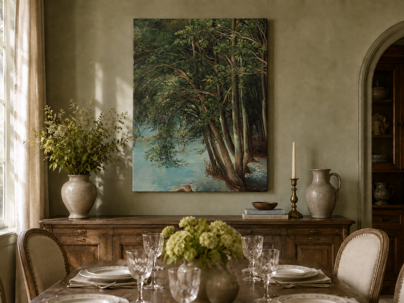 Peinture à l'huile de paysage - Forêt sereine au bord d'une rivière, arbres luxuriants