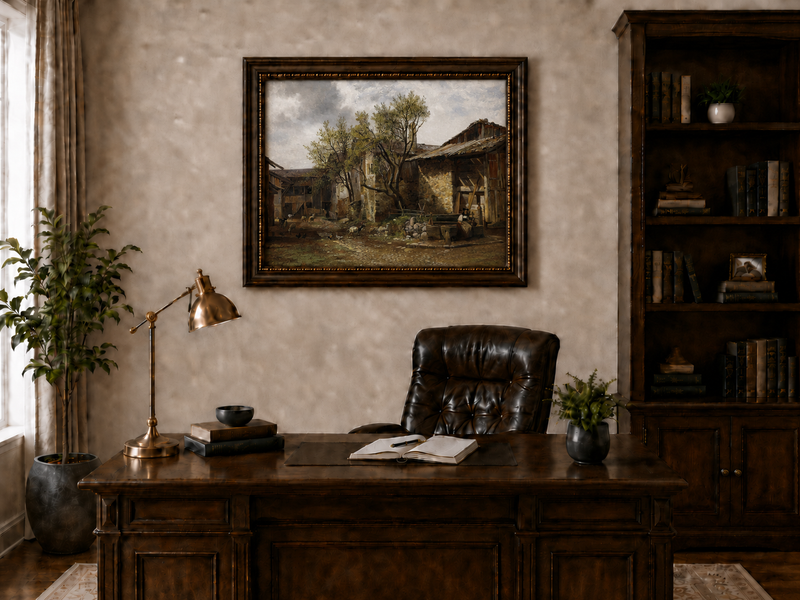 Landscape Oil Painting - Rural Farmyard, Peasant Woman & Wood