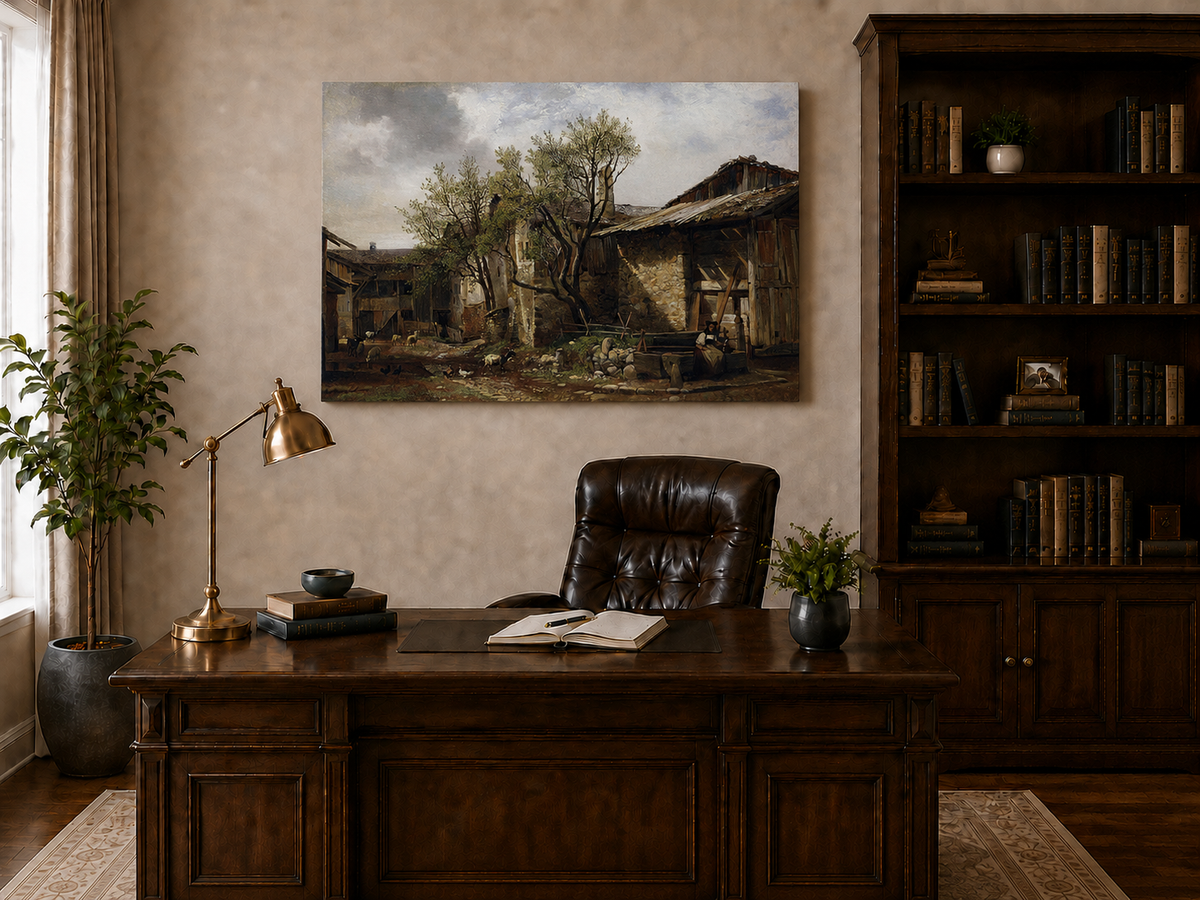 Landscape Oil Painting - Rural Farmyard, Peasant Woman & Wood