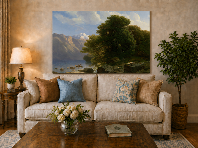 Peinture à l'huile de paysage - Lac de montagne avec bateau et forêt
