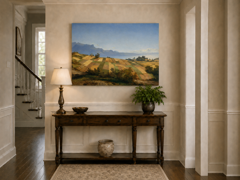 Peinture à l'huile de paysage - Terres agricoles en terrasses, lac et sommets montagneux