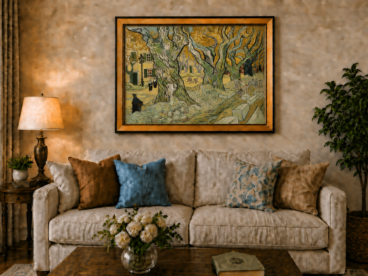 Landscape Oil Painting - Plane Trees and Road Menders in Arles
