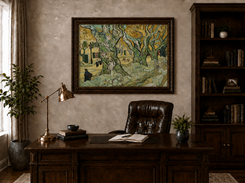 Landscape Oil Painting - Plane Trees and Road Menders in Arles