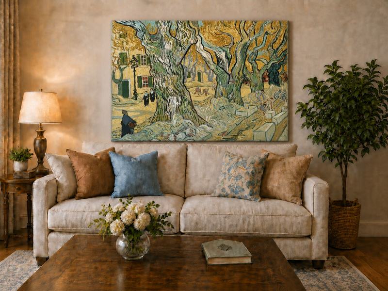 Landscape Oil Painting - Plane Trees and Road Menders in Arles