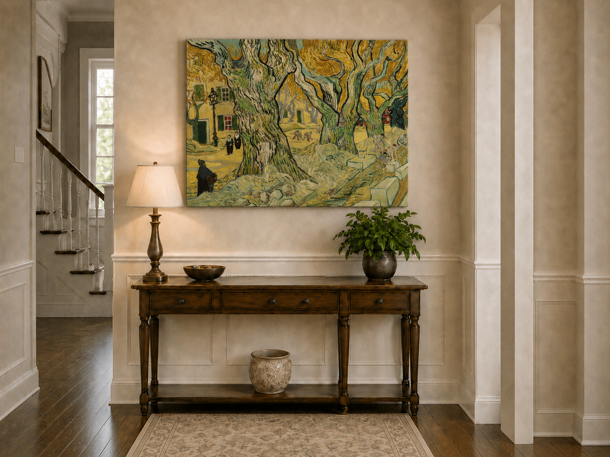 Landscape Oil Painting - Plane Trees and Road Menders in Arles