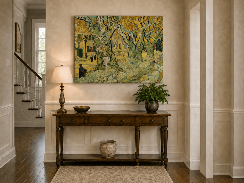 Landscape Oil Painting - Plane Trees and Road Menders in Arles