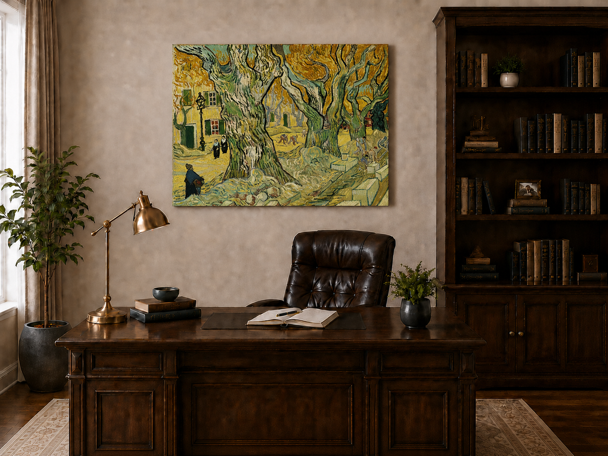 Landscape Oil Painting - Plane Trees and Road Menders in Arles