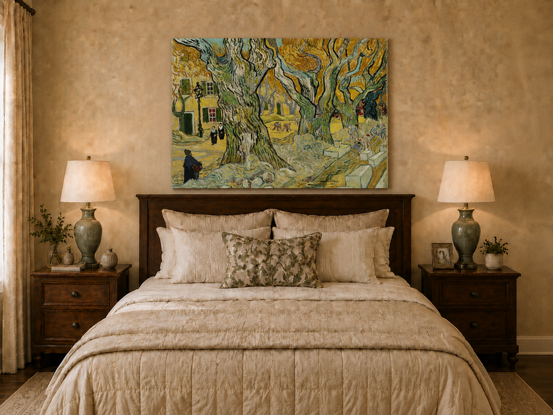 Landscape Oil Painting - Plane Trees and Road Menders in Arles