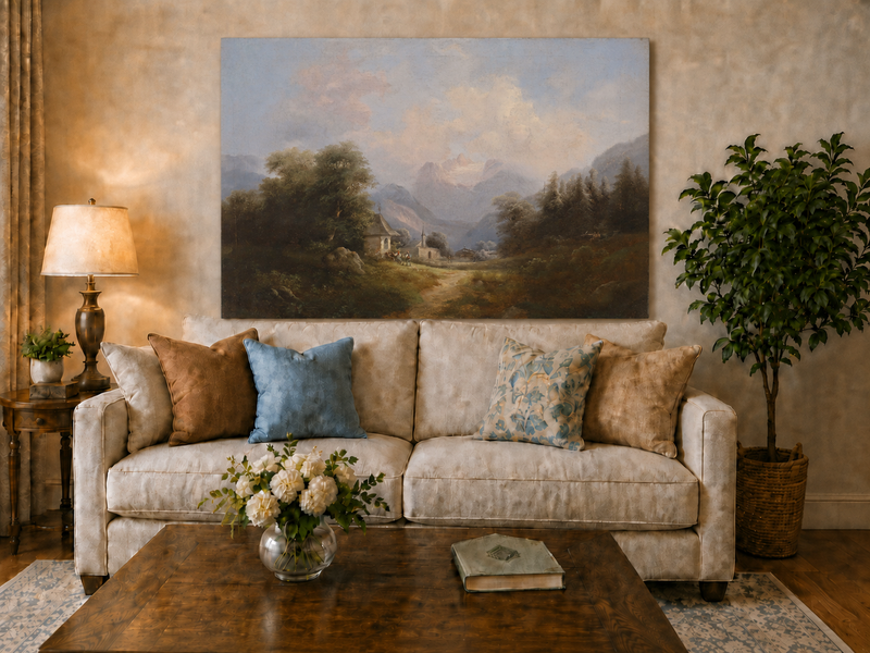 Peinture à l'huile de paysage - Village de montagne, sentier, chapelle et lointain
