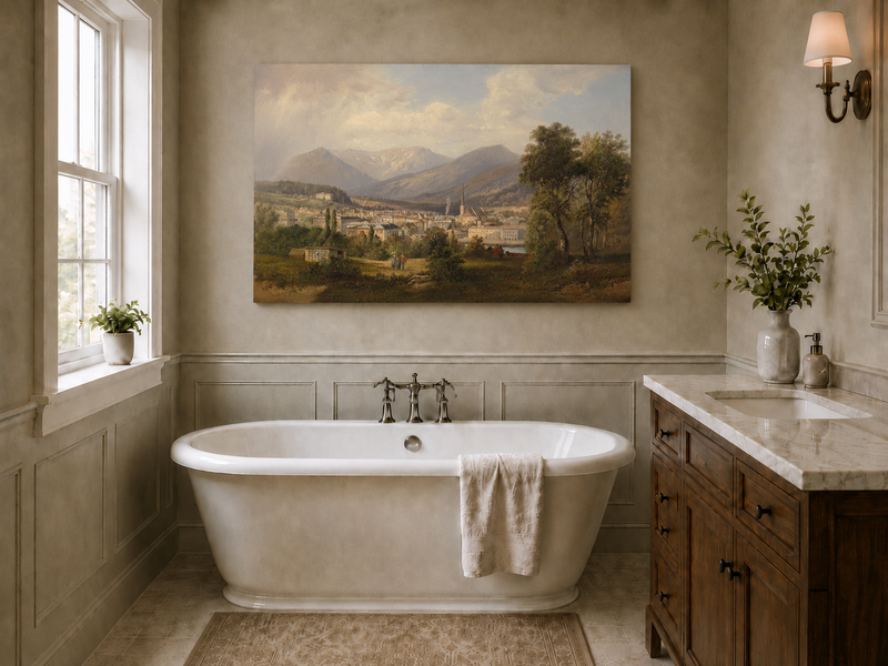 Landscape Oil Painting - European Mountain Town, Church, Valley