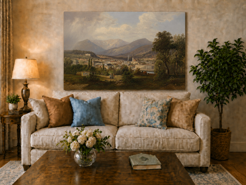Landscape Oil Painting - European Mountain Town, Church, Valley