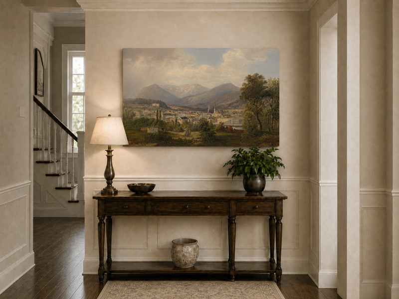Landscape Oil Painting - European Mountain Town, Church, Valley
