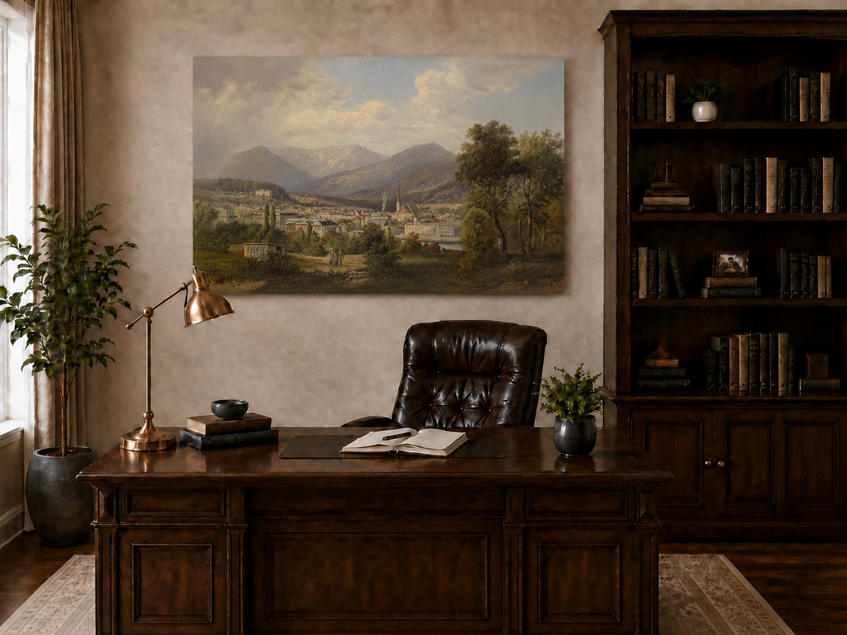 Landscape Oil Painting - European Mountain Town, Church, Valley