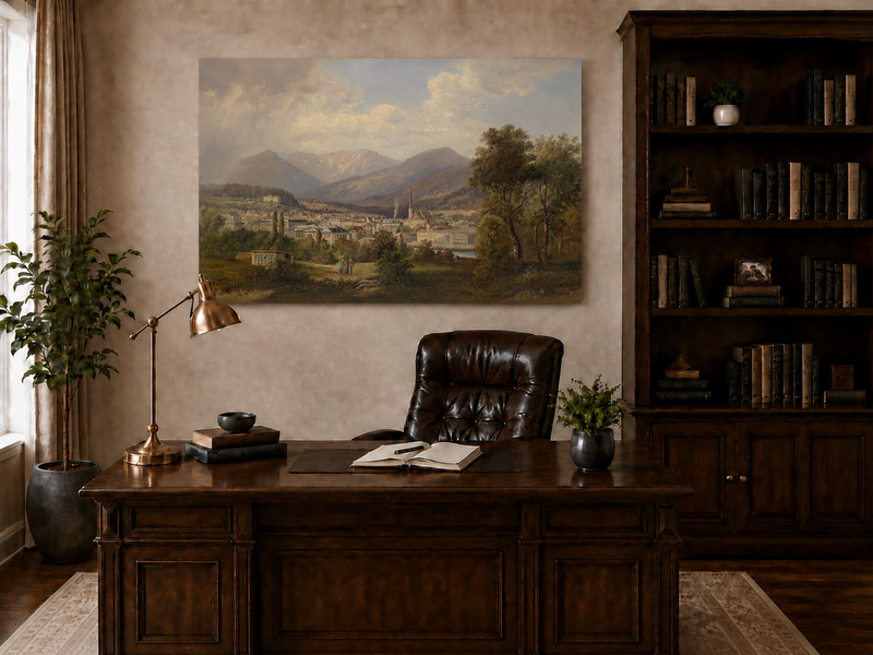 Landscape Oil Painting - European Mountain Town, Church, Valley