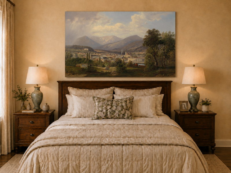 Landscape Oil Painting - European Mountain Town, Church, Valley