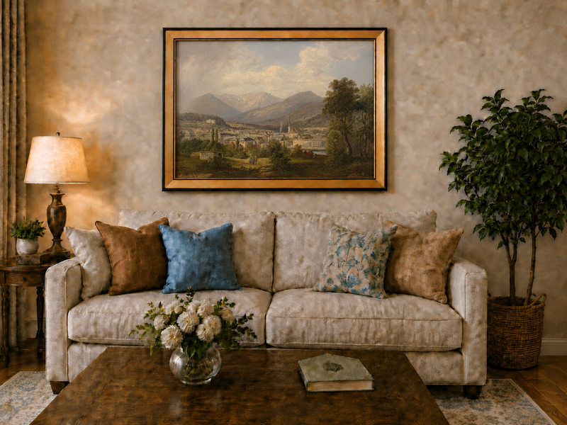 Landscape Oil Painting - European Mountain Town, Church, Valley