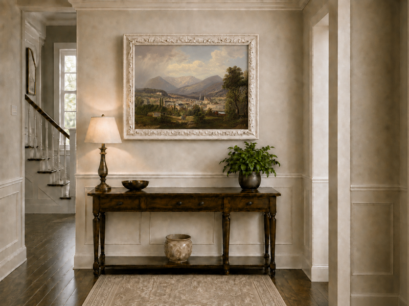 Landscape Oil Painting - European Mountain Town, Church, Valley