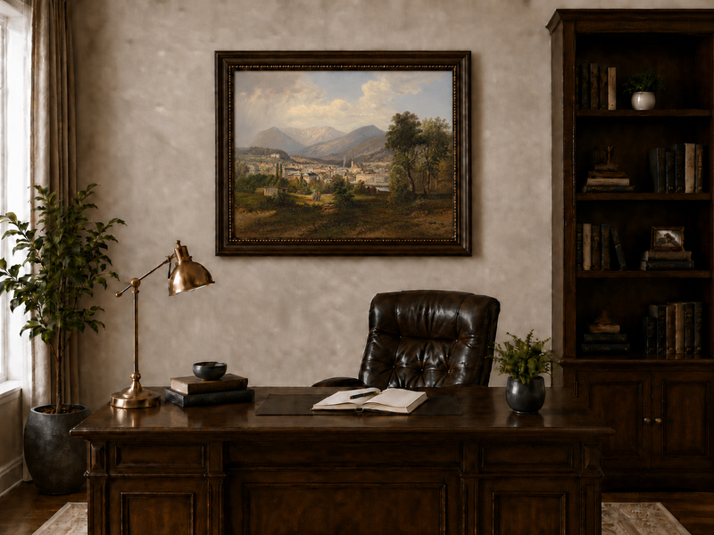 Landscape Oil Painting - European Mountain Town, Church, Valley