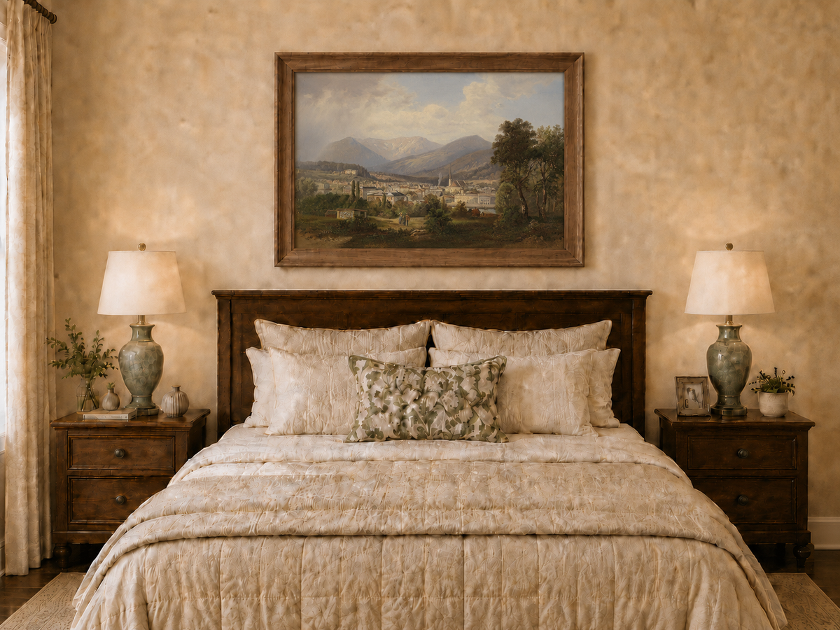 Landscape Oil Painting - European Mountain Town, Church, Valley